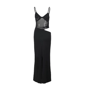 Detail of the backless design with sheer mesh panels and waist cut-out on a black maxi dress