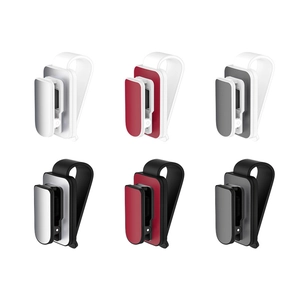 Car visor sunglass clips in black and white with silver, red and grey metallic accents