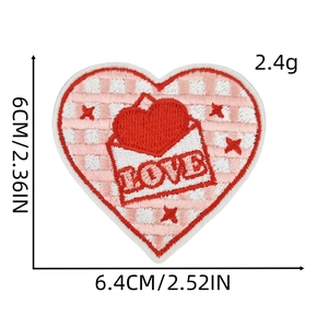 Detail of red checkered heart patch with LOVE envelope embroidery and 6cm size dimensions
