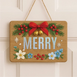 Detail of Christmas wooden plaque with blue glitter MERRY text and festive bow decoration