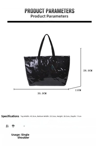 Detailed size chart for the black jelly tote bag showing dimensions and capacity data
