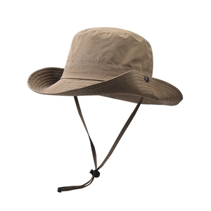 Outdoor tan sun hat with wide brim, waterproof fabric, and adjustable chin strap