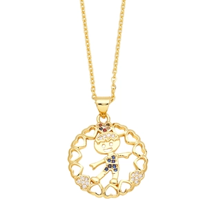 Gold hollow heart pendant necklace with cute boy figure and colorful zircon accents