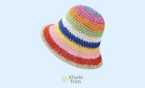 Detail of colorful striped crochet bucket hat with handmade woven texture and khaki edge