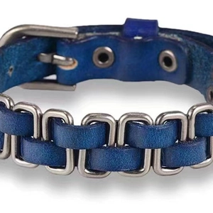 Retro blue braided leather bracelet with decorative metal chain and secure buckle clasp