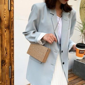 Fashionable gold sequin box clutch bag with silver chain strap worn by model