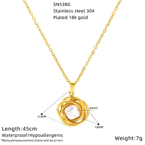 Technical diagram of 18K gold plated stainless steel pearl necklace showing measurements