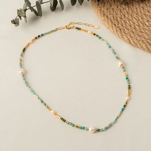 Handmade mixed natural stone and pearl beaded necklace with gold metal tubes and extensions
