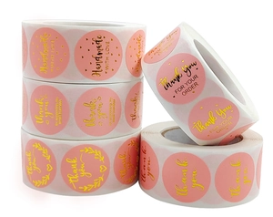 Pink and gold adhesive thank you stickers roll for handmade business gift packaging decor