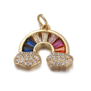 Macro view of gold rainbow cloud pendant with multicolor gems and zircon inlay