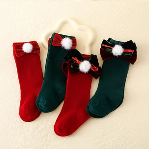 Baby Kids Christmas Mid-Calf Socks Cotton Knit Velvet Bow White Pom Pom Festive Red Green Toddler Infant Accessories