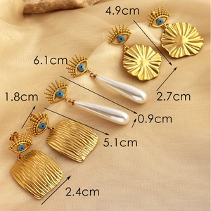 French retro 18K gold-plated tassel earrings with evil eye and pearl pendants