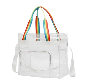 Detail of transparent PVC beach bag featuring rainbow striped handles and mesh side pocket