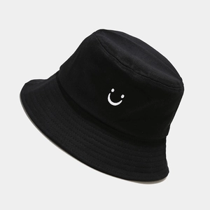Smiley Face Embroidery Cotton Canvas Bucket Hat Unisex Casual Sun Protection Outdoor Wide Brim Fisherman Hat