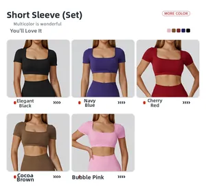 Detail of seamless ribbed yoga set in multiple colors with square neck and high waist
