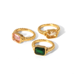 18K gold plated stainless steel twisted rings set with colorful square zircon stones