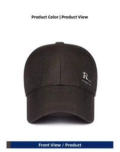 Detailed close-up of stitching on a dark brown baseball cap with silver metal R-Sport logo
