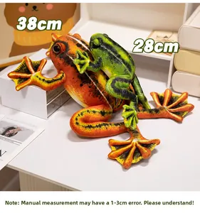 Size comparison of green and orange realistic frog plush toys in 28cm and 38cm variants