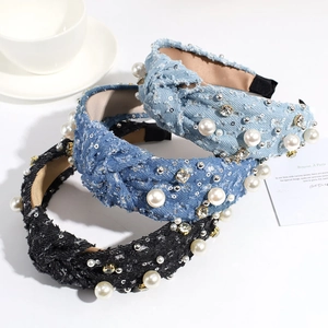Knotted Wide Brim Headband Denim Fabric With Faux Artificial Pearl Rhinestone Sequin Hair Band For Women Fashion Accessories