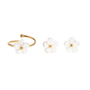 Minimalistisches Schmuckset aus Edelstahl mit weißem Blumenring und Ohrsteckern