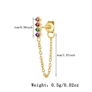 Detailed size view of a gold S925 silver earring with colorful gems and butterfly chain