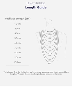 Size chart showing various necklace lengths from 40cm to 100cm for lion pendant chains