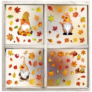 Detail of Autumn static window clings featuring maple leaves pumpkins and gnomes