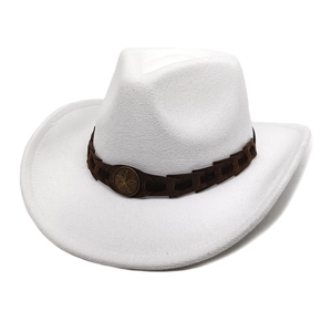 Detailed view of white felt cowboy hat with braided leather band and star badge