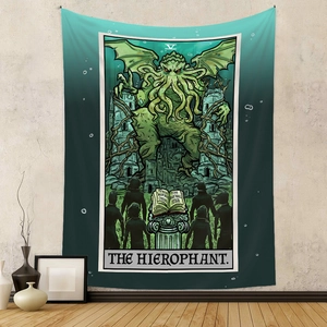 Detail of The Hierophant Cthulhu tarot tapestry hanging on a minimalist room wall