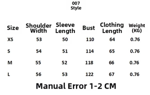 Detailed size chart for faux fur jacket showing shoulder, bust, and sleeve measurements