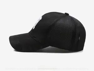 Side view of black camouflage baseball cap featuring mesh panels and white NY embroidery