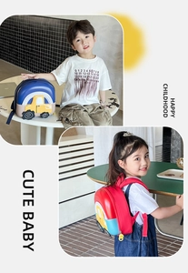 Detail of 3D waterproof hard shell car backpack for toddlers featuring cute cartoon design