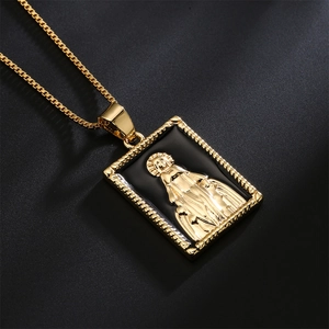Gold 18K plated box chain necklace with square oil painting religious pendant