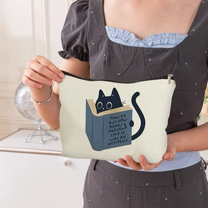 Borsa porta trucco in tela portatile con stampa gatto per uso quotidiano