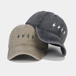 Vintage washed canvas baseball caps with LOVE hand gesture print in khaki and dark grey