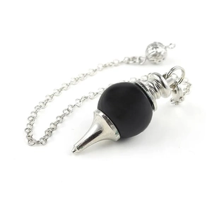 Black obsidian gemstone pendulum with silver chain and metal cone pendant decoration