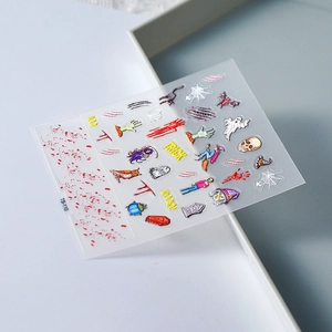 Stickers ongles 3D Halloween avec fantômes colorés, crânes et chauves-souris sur fond gris