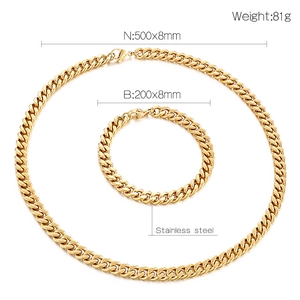 Spécifications de taille pour l'ensemble collier et bracelet à maille cubaine en acier doré