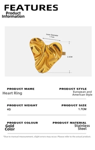 Detailed view of golden irregular heart ring with dimensions of 1.7cm diameter and 2.2cm height