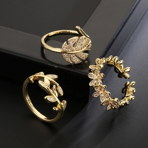 Adjustable Copper Open Ring 18K Gold Plated Micro Inlaid Zircon Leaf Floral Geometric Aesthetic Fashion Jewelry Women