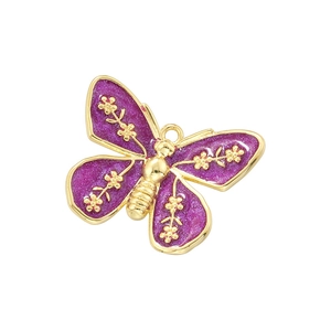 Detailed view of purple glitter enamel butterfly pendant with gold floral patterns