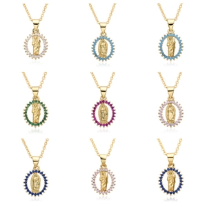 Religious Pendant Necklace Copper 18K Gold Plated Cubic Zirconia Medallion Virgin Mary St Jude Faith Jewelry For Women