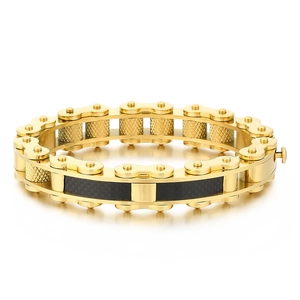 Golden industrial chain bracelet with black carbon fiber inlay and metallic finish