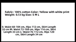 Size chart for floral mini skirt set showing waist and hip measurements in centimeters