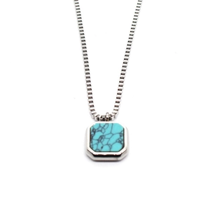 Square turquoise pendant necklace with silver box chain and stainless steel finish