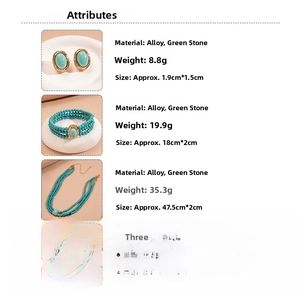 Detailed size and weight specs for vintage green stone earrings, bracelet, and necklace