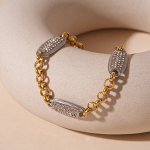 Elegante bracciale a catena bicolore in acciaio inossidabile con accenti di cristallo ovale