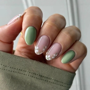 Press On Nails Long Almond Shape Olive Green White Flower Glossy Full Cover Wearable False Nails For Women Manicure