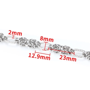 Detailed view of 8mm silver stainless steel twisted chain link with precise measurements