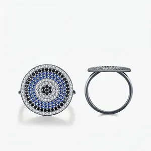 925 Sterling Silver Ring Evil Eye Design Blue Black White Zircon Micro Pave Round Finger Jewelry For Women Cool Retro